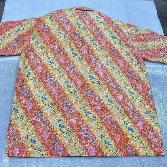 [XL]Popilier  Bali Short Sleeve Orange/Yellow Floral Button Up Shirt - Picture 7 of 9